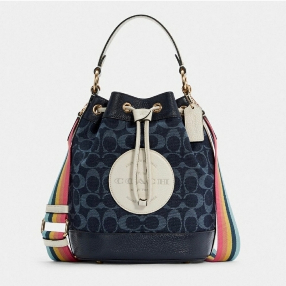 Coach Navy Signature Canvas Bucket Bag with Rainbow Strap